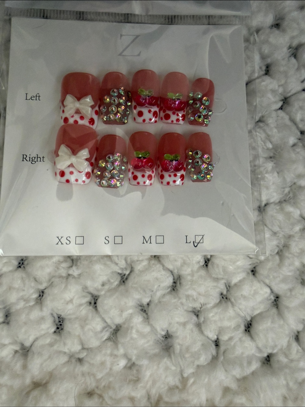 Pink Strawberry Bow Press-On Nail Set with Rhinestones